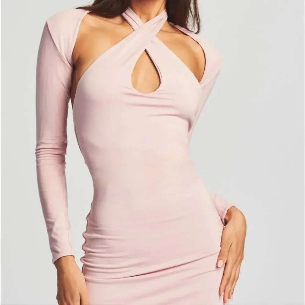 SER.O.YA Lana Two Piece Dress Set Pink Halter Mini Shrug NWT Revolve Large New